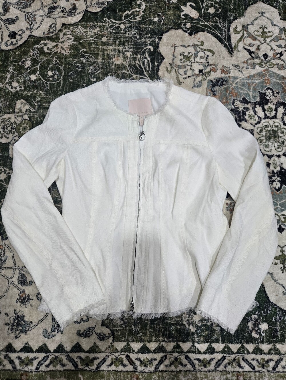 Rebecca Taylor White Zip-Front Fringe Trim Jacket